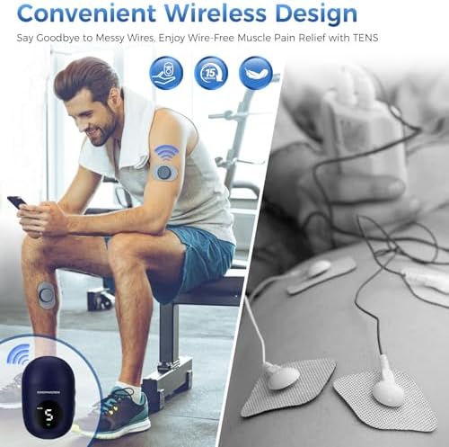 KingPavonini Wireless TENS Unit, Muscle Stimulator for Pain Relief, Portable Rechargeable TENS EMS Machine, LED Screen, Remote, Dual Channel 6 Modes 16 Intensity Massager, Charging Case (Blue)