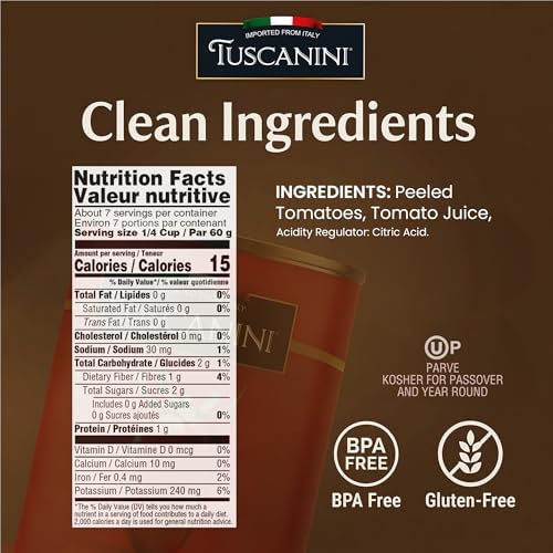 Tuscanini Italian Whole Peeled Tomatoes, 14.1 oz (4 Pack) | 100% Italian Canned Tomatoes | Delicious Taste | Perfect Pizza & Sauces | BPA Free Can | Kosher