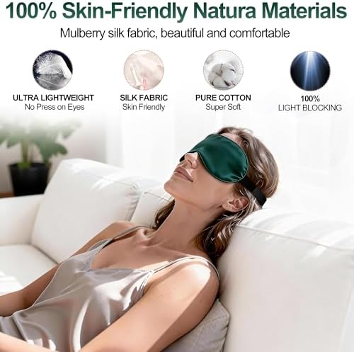 Silk Sleep Mask for Sleeping, Blackout Eye Mask with Adjustable Strap, Lightweight & Comfortable Blindfold for Women & Men, Includes Protective Laundry Bag for Eye Cover(Green)