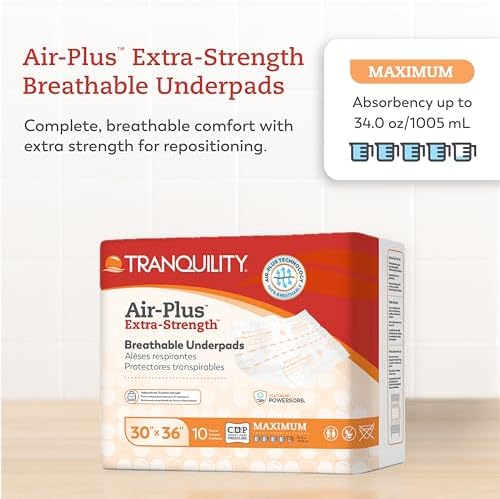Tranquility AIR-Plus Extra-Strength Breathable Underpads, 30"x36", 34oz Absorbency, 100% Breathable, Supports Repositioning up to 450lbs, Latex-Free, 10ct Bag