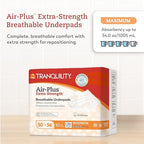 Tranquility AIR-Plus Extra-Strength Breathable Underpads, 30"x36", 34oz Absorbency, 100% Breathable, Supports Repositioning up to 450lbs, Latex-Free, 10ct Bag