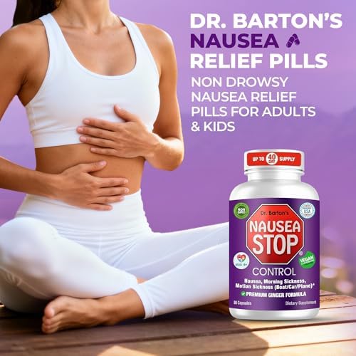 Dr. Barton’s Nausea Stop - Natural Ginger, Non-Drowsy Nausea Relief Pills for Adults & Kids, Anti Nausea, Upset Stomach, Morning Sickness & Pregnancy Nausea - Travel Essentials - 80 Capsules (1 Pack)