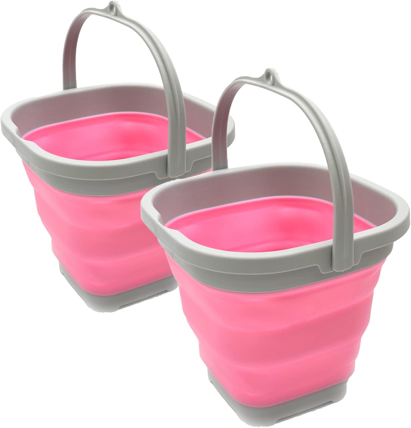 SAMMART 2.6L (0.68 Gallon) Super Mini Sqare Collapsible Plastic Bucket - Foldable Square Tub - Portable Fishing Water Pail - Space Saving Outdoor Waterpot (Grey/Pink (Set of 2))