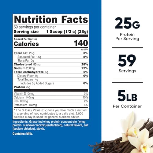 Nutricost Grass-Fed Whey Protein Concentrate (Vanilla) 5LBS - Undenatured, Non-GMO, Gluten Free, Natural Flavors