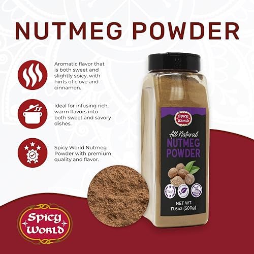 Spicy World Nutmeg Powder 17.6oz Jar (500g) - Premium Quality, Ground Nutmeg, Pure & Aromatic Spice for Baking, Cooking, Smoothies, Lattes & Desserts