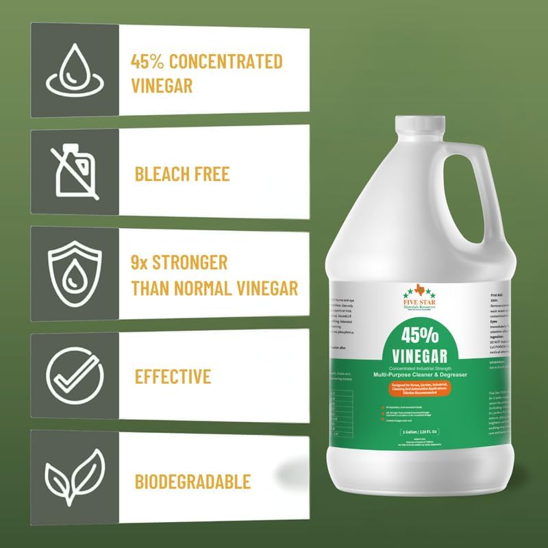 FIVE STAR MATERIALS RESOURCES 45% Vinegar Concentrated | White Vinegar for Cleaning and Garden | Home, and Outdoor Pure | Max Performance 7X Power | with Instructions (128 oz)