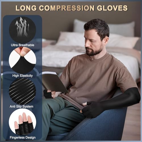 Long Copper Compression Arthritis Gloves for Women & Men, Medical Arm & Hand Compression Gloves, Fingerless Pressuse Gloves, Hand Support Sleeves for Carpal Tunnel, Lymphedema, Hand Pain, Edema