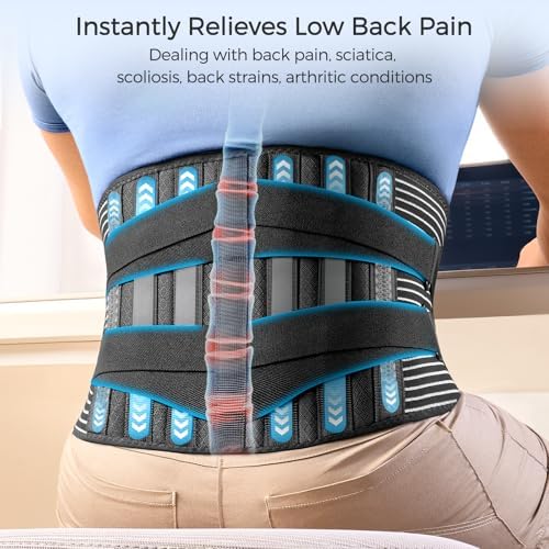 FREETOO Back Braces for Lower Back Pain Relief with 6 Stays, Breathable Back Support Belt for Men/Women for work , Anti-skid lumbar support belt with 16-hole Mesh for sciatica(M)