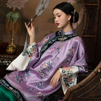 Qing Dynasty Purple Flower Printed Long Sleeve Cheongsam Top Chinese Traditional Ancient Loose Qipao Vestidos Mujer
