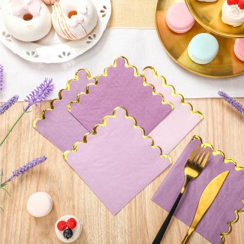 100 Pack Scalloped Cocktail Napkins with Gold Foil Accents Beverage Napkins Scalloped Disposable Paper for Wedding Shower Baby Dinner Birthday Party Supplies 5 x 5''(Purple)