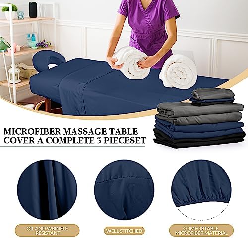 Kinlop 3 Sets Microfiber Massage Table Sheet Set 3 Colors 3 Piece Set Includes Massage Flat Sheet Fitted Sheet and Massage Face Rest Cover Stain Wrinkle-Resistant(Black, Dark Gray, Navy)
