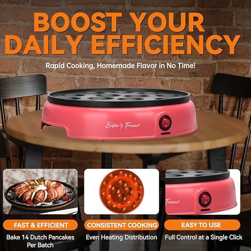 Baker's Friend Mini Pancakes Maker Machine, Dutch Mini Pancake Griddle, 14 Holes Electric Poffertjes Pan, Ideal for Breakfast, Snacks, Desserts & More, Red