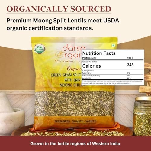 Darsa Organics Mung Split Lentils with Skin, Moong Dal with Skin 2 lb - USDA Organic Green Lentils, Non-GMO, Kosher, Chemical-Free, Protein Rich Organic Split Green Gram, Gluten-Free, Vegan