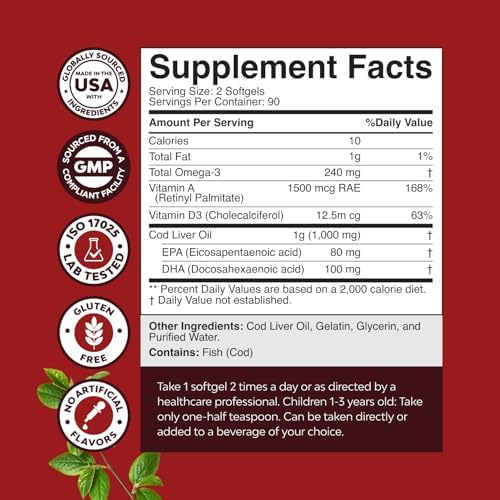 Icelandic Cod Liver Oil Softgels - Wild Caught Omega 3 Fish Oil 1000mg per serving - Sustainably Sourced Burpless Fish Supplement with Vitamin D3 & A for Heart Joint Brain & Immune Support - 180 Count