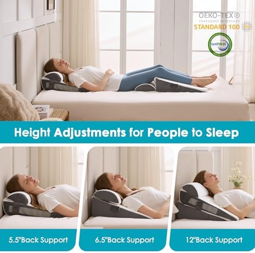 3Pcs Wedge Pillow Set for After Surgery,Acid Reflux Relief, Adjustable Bed Wedge Pillows for Sleeping,Anti Snore, Memory Foam Triangle Pillow for Back&Neck&Shoulder Pain Relief, White&Grey