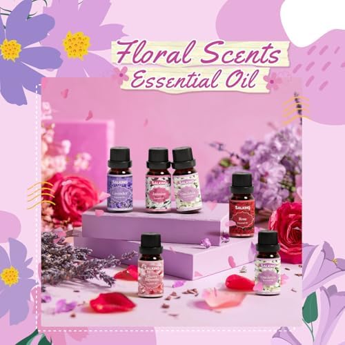 SALKING Floral Essential Oils Set, Premium Pure and Natural Essential Oils, Fragrance Oil Scented Oils for Oil Diffusers 6 x 10 ML - Lavender, Rose, Jasmine, Cherry Blossom, Gardenia, Chamomile