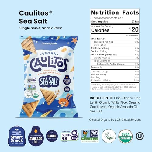 Caulitos – 15 Pack | Lentil, Rice & Cauliflower Chips | Organic, Gluten-Free, Non-GMO, Kosher, Nut-Free, Baked with Avocado Oil (15 oz, Vegan Sea Salt)