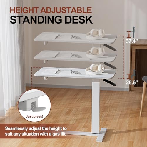 Mobile Standing Desk Portable Pneumatic Laptop Rolling Cart Adjustable Height, 26"-37" Tiltable Overbed Table Sit Stand Computer Workstations for Home Office w/Wheels Flat Desk 32", White