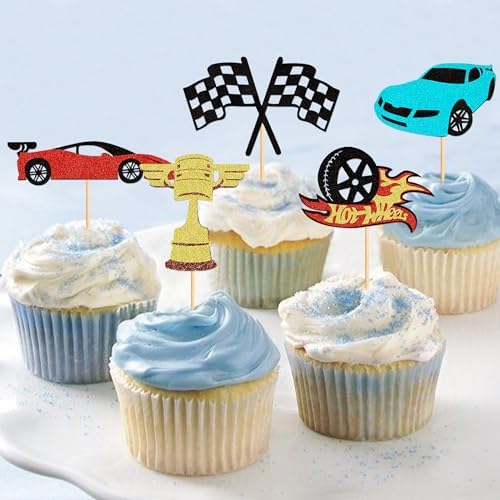 24PCS Race Car Cupcake Toppers Sparkling Trophy Flag Racing Cake Selected Racing Theme, Car Theme Party Supplies Baby Shower Boy Birthday Party Cake Decoration Supplies