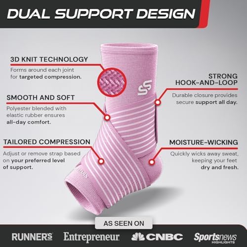 Sleeve Stars Ankle Brace for Women & Men, Ankle Wrap for Sprained Ankle, Compression Sleeve for Plantar Fasciitis Relief, Easy Customizable Support: w/Removable Strap (Single/S:9"-10"/Baby Pink)