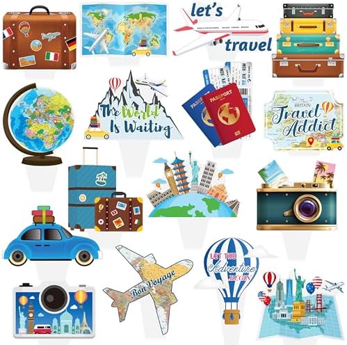 48pcs Travel Theme Cupcake Toppers Adventure Awaits Party Decorations Let The Adventure Begin Bon Voyage Map Theme Cupcake Toppers for Around The World Party Supplies