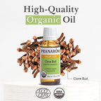 Pranarom USDA Certified Organic Clove Essential Oil (30ml), 100% Pure Undiluted Therapeutic Grade from Sri Lanka & Madagascar for Aromatherapy, Diffuser, Immune Support, DIY Cleaning, Warm Scent