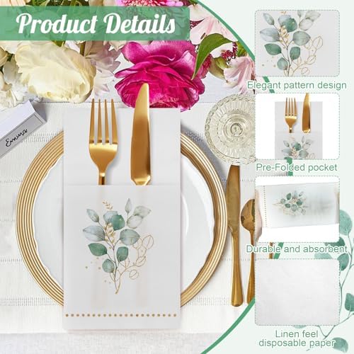Disposable Linen-Feel Dinner Napkin with Built-in Flatware Pocket, 50 Pack Prefolded Paper Napkins for Silverware Elegant Guest Hand Towels for Wedding Birthday Party Baby Shower Supplies