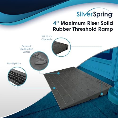 Silver Spring Threshold Ramp, Solid Rubber 4" Maximum Riser with 3 Channels, Black - Mobility Assistance Ramp for Wheelchairs, Scooters, and Power Chairs