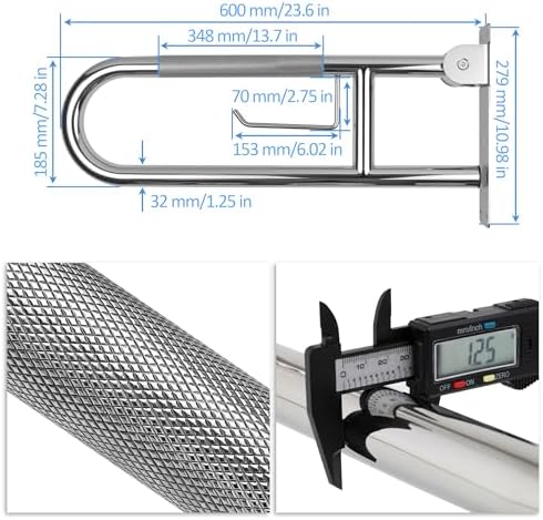 Handicap Grab Bar, 23.6 Inch Stainless Steel Toilet Safety Rails, Disabled Flip-Up Bathroom Grab Bars with Paper Holder, Anti-Slip Toilet Handrails Hand Grips Handicap Grab Bars for Elderly