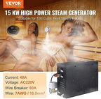 VEVOR Steam Shower Generator, 15 kW, Segmented Heating Temperature Customization & 24h Timer Steam Bath Kit, Automatic Drainage Steam Shower System