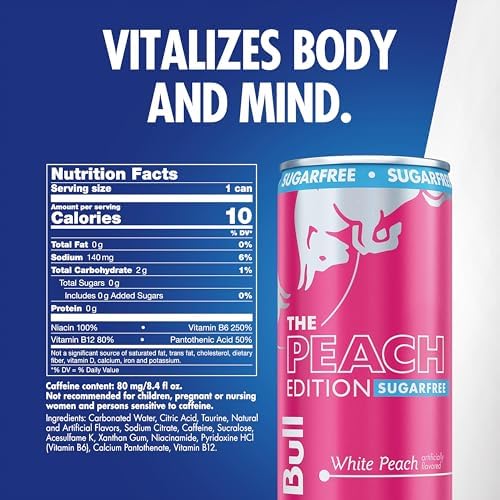 Red Bull Peach Edition Sugarfree Energy Drink, White Peach, 8.4 fl. oz., 6 x 4 Cans, Pack of 24 Cans, with 80mg Caffeine, Taurine & B Vitamins