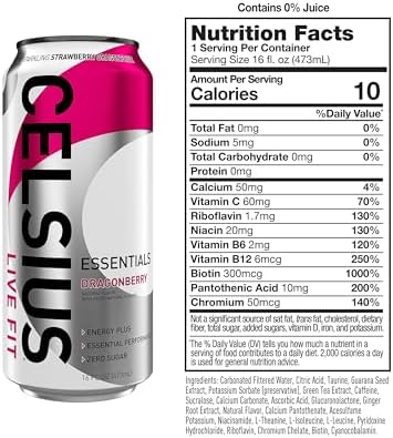CELSIUS ESSENTIALS™ Sparkling Dragonberry, Sugar Free Performance Energy Drink, 16 Fl Oz (Pack of 12)