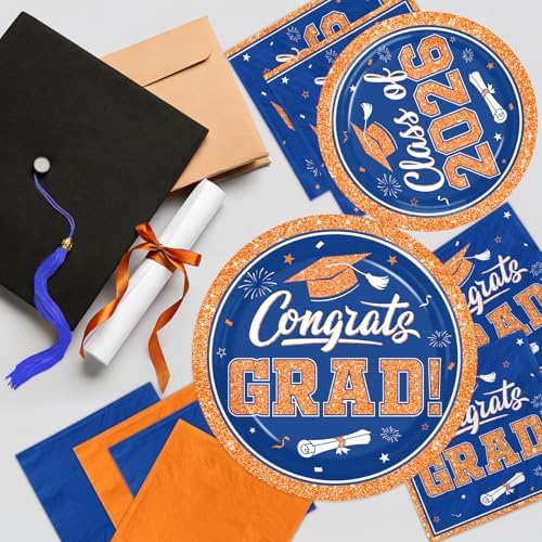 Graduation Plates and Napkins 2026,200pcs Orange and Blue Graduation Decorations 2026 Disposable Congrats Grad Paper Plates for Class Of 2026 Party Supplies,Serve 50
