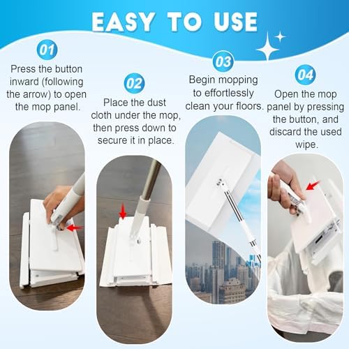 Snap Grip Mop, Cloth Changing Mop, Zero Touch Lazy Mopa with Automatic Cloth Changing, Wet & Dry Dust Mopping for Hardwood, Vinyl, Laminate, Tile, Includes 20 Dry Pads, Home Cleaning Essential (White)