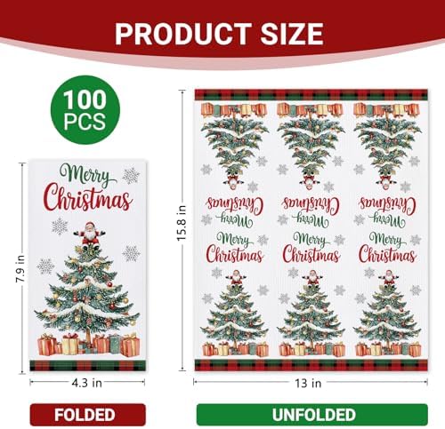 100 PCS Merry Christmas Tree Disposable Paper Napkins, Xmas Santa Claus Bathroom Hand Towels Decorative Dinner Guest Napkin, Winter Holiday Gifts Kitchen Dinning Table Party Decor 8 x 4 Inches