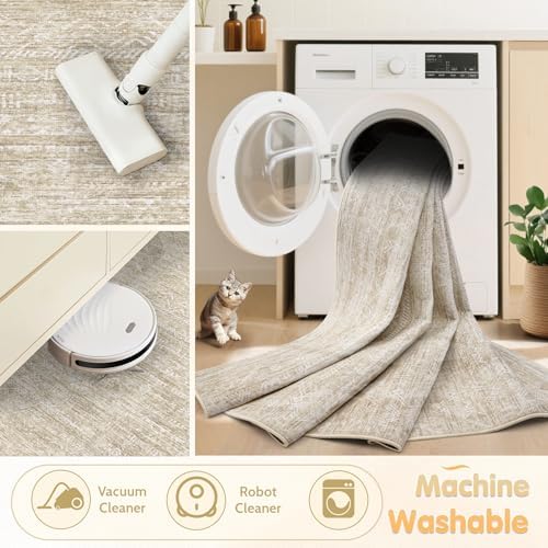 Washable Rug 8x10 Area Rugs: Modern Geometric Rugs for Living Room Non Slip Soft Low Pile Moroccan Indoor Carpet for Bedroom Nursery Dining Room Home Office (Beige, 8'x10')