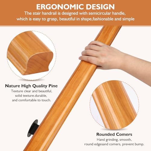 3FT Solid Wood Stair Handrail for Indoor Stairs, Outdoors Stair Railings, Sturdy Wall Mounted Non-Slip Safety Design, Elderly-Friendly & Child-Safe, with Banister Hardware and Brackets