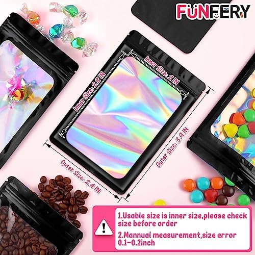 Funfery 100 Pcs Resealable Bags Clear Holographic Bags,Smell Proof Packaging Baggies,Mylar Food Storage Bag,Zipper Sealing Bag for Coffee Bean,Cookies,Jewelry Sample Small Business(Black,2.4x3.9in)