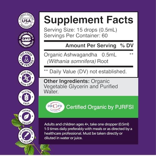 USDA Organic Ashwagandha Liquid Drops - Liquid Ashwagandha Root Extract for Stress and Mood Support - Tasty Adaptogenic Tincture Non GMO Vegan Gluten Alcohol and Sugar Free 1 Fl Oz (Pack of 2)