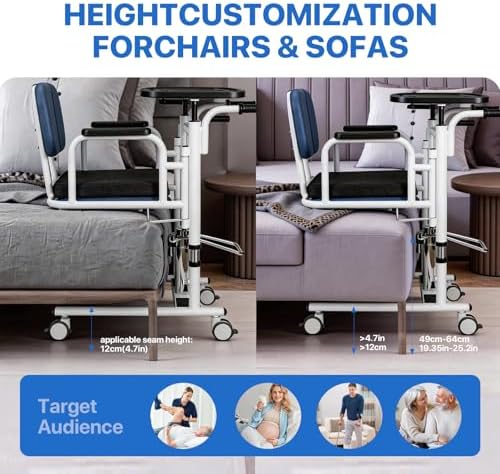 Patient Lift Transfer Chair for Home, 440lbs Capacity,Equipped with a Hydraulic Lift Bar, Commode, and Dining Table，4 in 1 Shower Chair with 180° Split Seat, for Elderly Transfer to Bed/Toilet