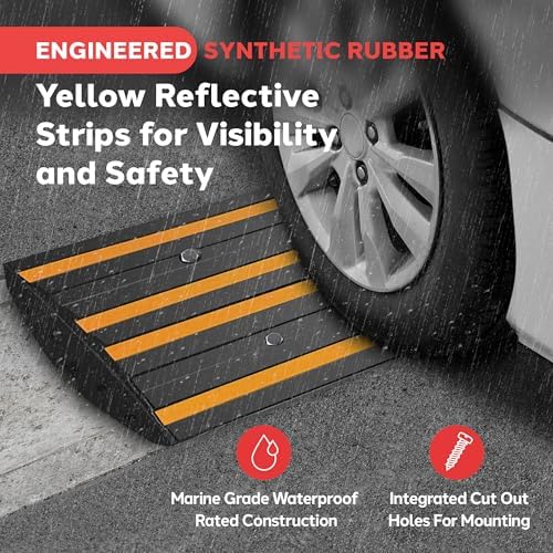 Pyle 8 Ft. Rubber Curb Ramp Set - Pack of 2 Heavy Duty Non-Slip Threshold Ramps for Driveways & Sidewalks, Waterproof, Yellow Reflective Strips, Expansion Screws Included, 48’’x16’’x2.6’’ Inches