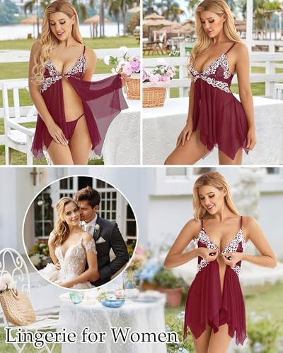 ADOREJOY Women Lingerie Babydoll Front Closure Mesh Lace Chemise Sleepwear Nightie