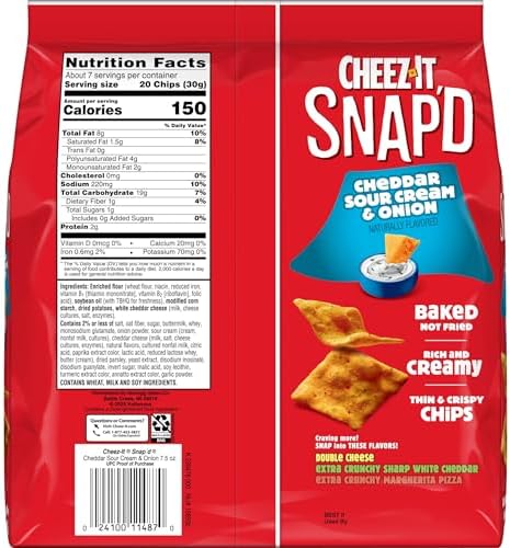 Cheez-It Snap'd Cheese Cracker Chips, Thin Crisps, Lunch Snacks, Cheddar Sour Cream and Onion, 45oz Case (6 Bags)