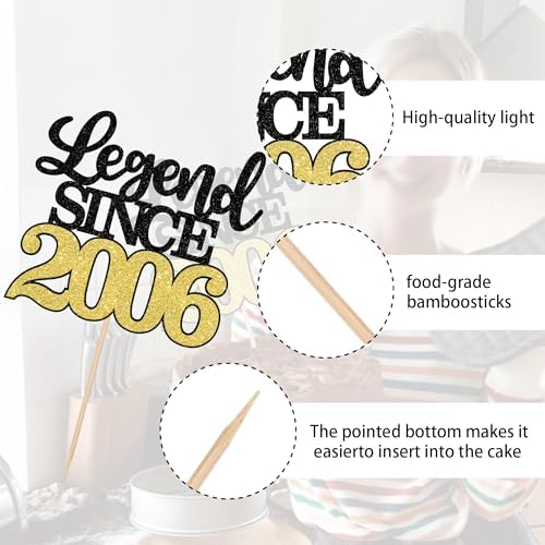 1 PCS Legend Since 2006 Cake Topper Black Gold Glitter Twenty Happy 20th Birthday Cake Pick Hello 20 Cheers to 20 Years Cake Decoration for 20th Birthday Anniversary Party Decorations Supplies
