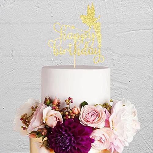 Fairy Happy Birthday Cake Topper Angel Princess Cake Toppers for Birthday Party Decoration Supplies, Gold Glitter