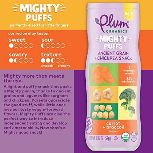 Plum Organics Mighty Puffs Ancient Grain + Chickpea Snack, Carrot + Broccoli Flavor, Baby Crawlers, Kosher, USDA Certified Organic, Non-GMO, 1.85 Ounce (Pack of 6)