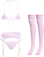 ABAFIP Women Cute Kawaii Anime Lingerie set Halter Strap Micro Bra Tiny Panty Garter Belt Striped Stockings 4Pcs Underwear