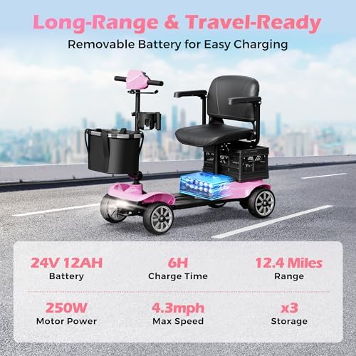 4-Wheel Mobility Scooter for Adults – Foldable Portable Motorized Scooters with 330lbs Capacity, Detachable Battery, Dual Baskets, Cup & Phone Holder, Pink