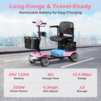 4-Wheel Mobility Scooter for Adults – Foldable Portable Motorized Scooters with 330lbs Capacity, Detachable Battery, Dual Baskets, Cup & Phone Holder, Pink