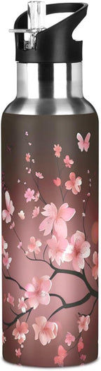 ALAZA Cherry Blossom Pattern Water Bottle with Straw Lid Vacuum Insulated Stainless Steel Thermo Flask Water Bottle 20oz